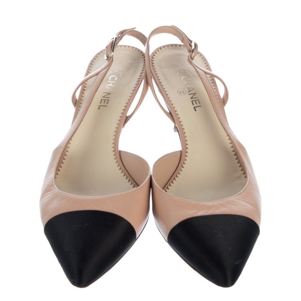 Chanel Beige Leather Black Satin‎ Cap Toe Pearl CC Logo Slingback Pumps 37
